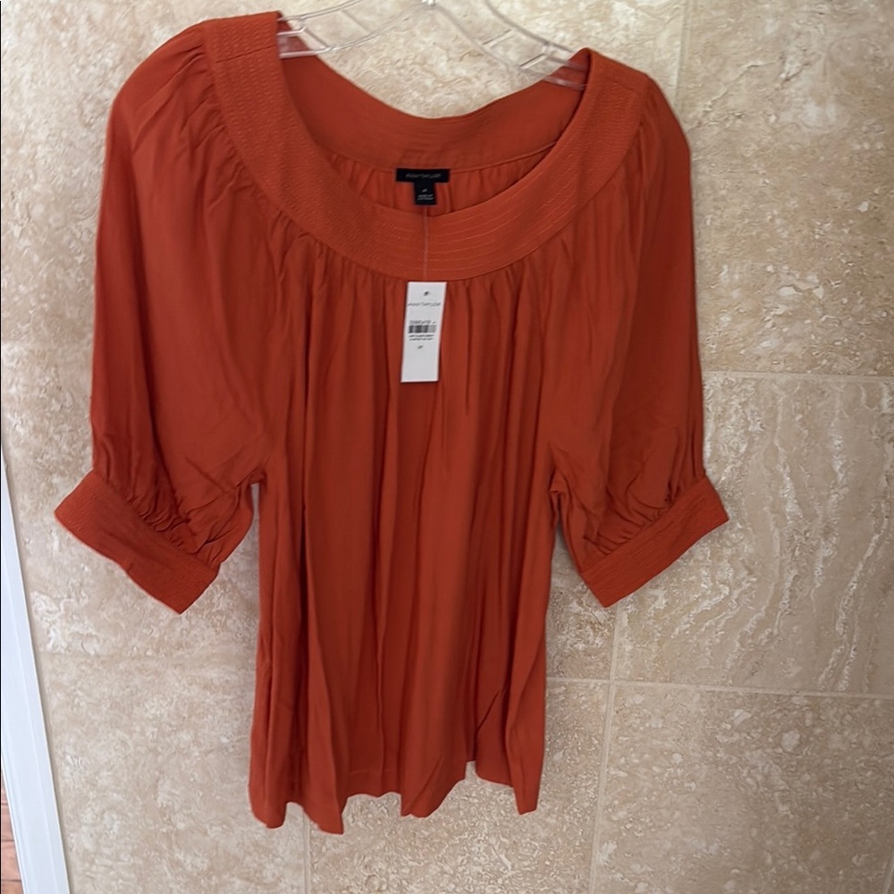 Ann Taylor Relaxed Puff Sleeve Blouse in Brown and Orange